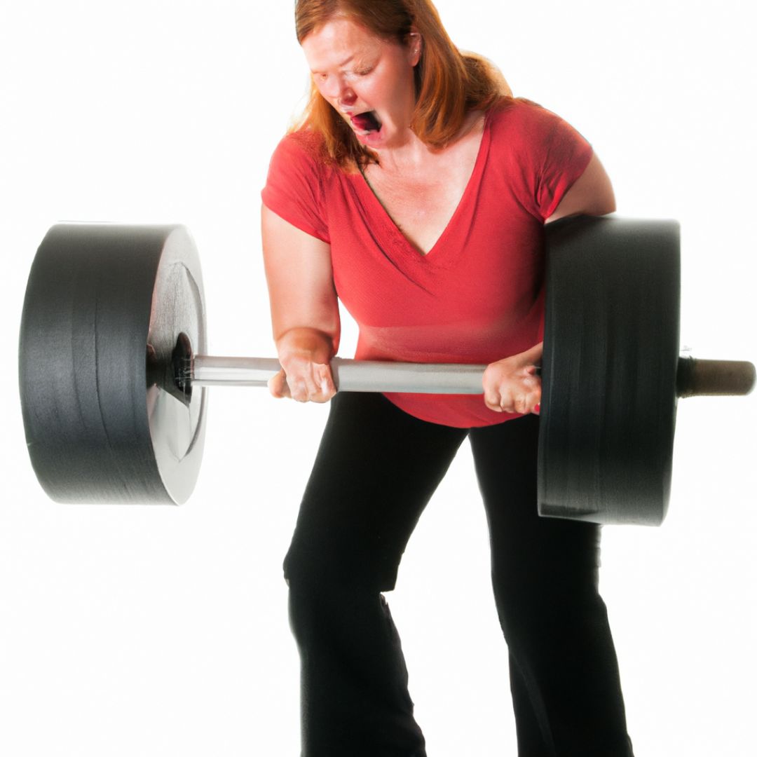 Woman struggling to lift barbell